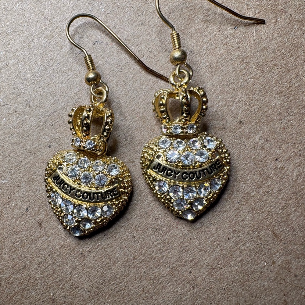 Juicy Couture Vintage Puffy Hearts Pierced Earrings W/ Rhinestones And 3D Crown